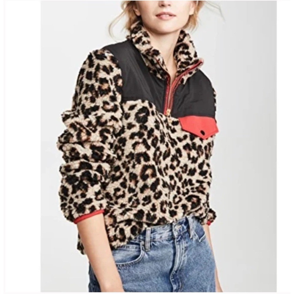 VERONICA‎ BEARD $395 Kylan Leopard Sherpa Pullover Animal Print Black Red Large